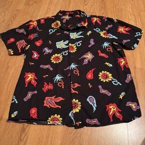 Neff Black Men's Flaming Daisy Fireball Shirt Size Large Short Sleeve Button‎ Up